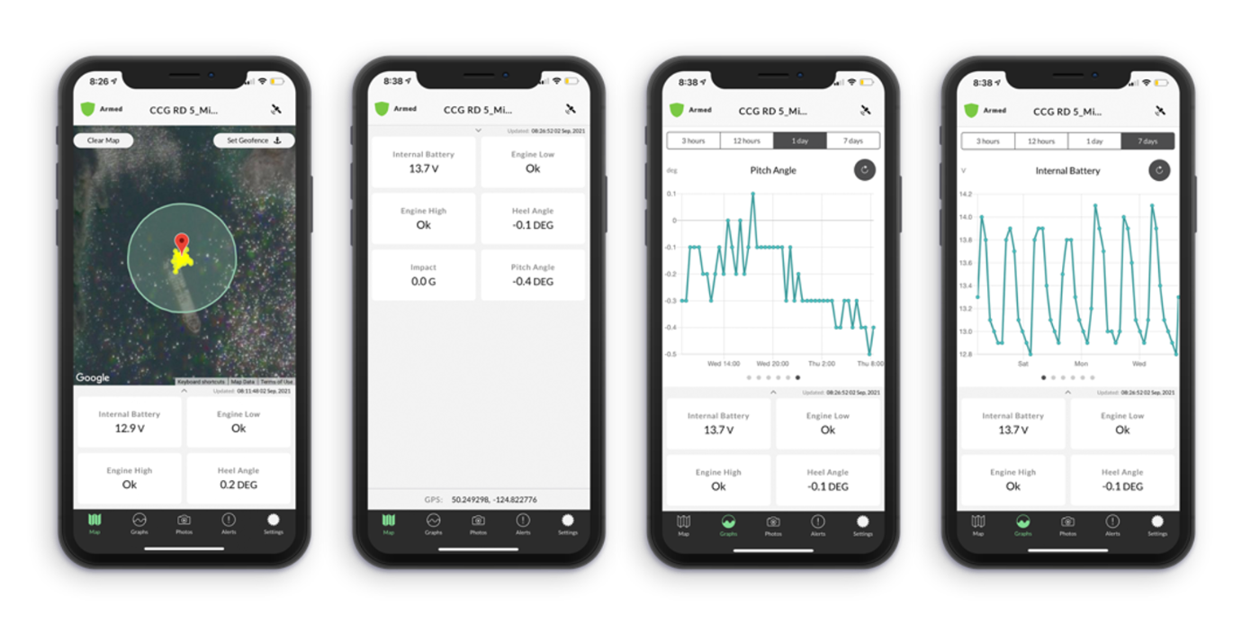 BRNKL app showing live map, vessel tracking, battery and bilge status
