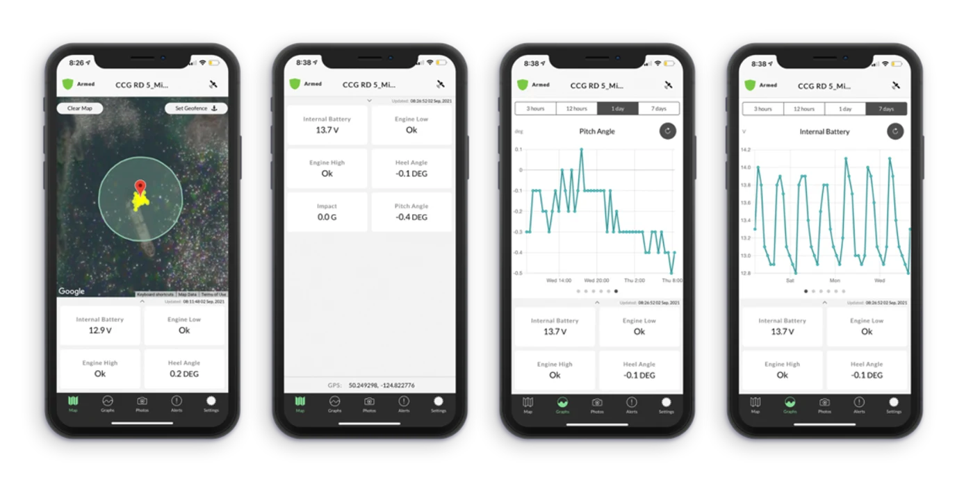 BRNKL app showing live map, vessel tracking, battery and bilge status