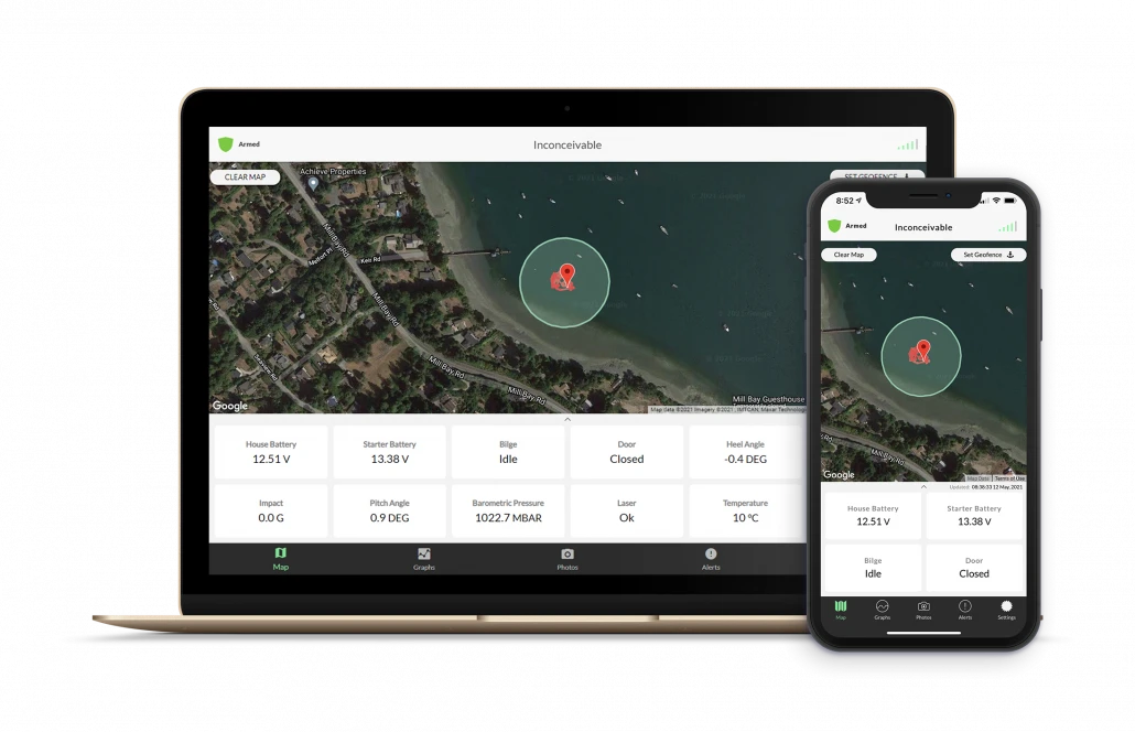 BRNKL Blue boat monitoring app on a laptop and phone, showing a geofence set around a moored boat with house battery, starter battery, bilge and door status