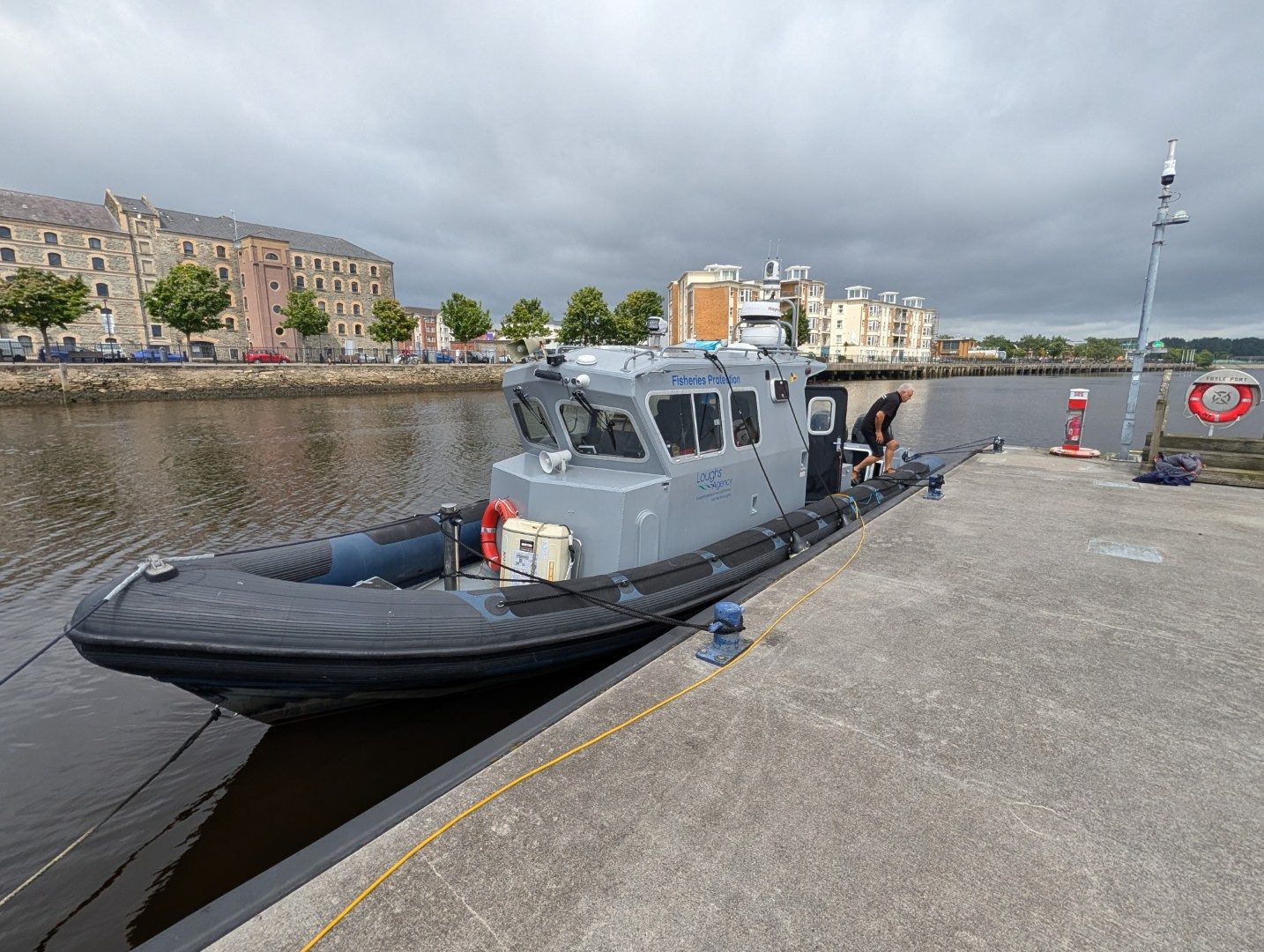 Fisheries protection RIB alongside at Foyle Port, a commercial patrol vessel of the type fitted with BRNKL Blue