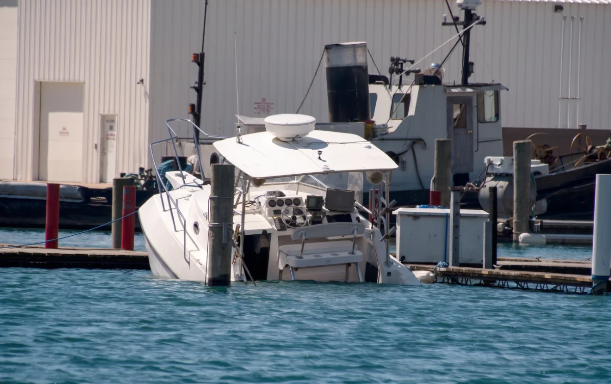 A leisure motor boat swamped and part sunk in its marina berth, the kind of unattended flooding a bilge alert warns about